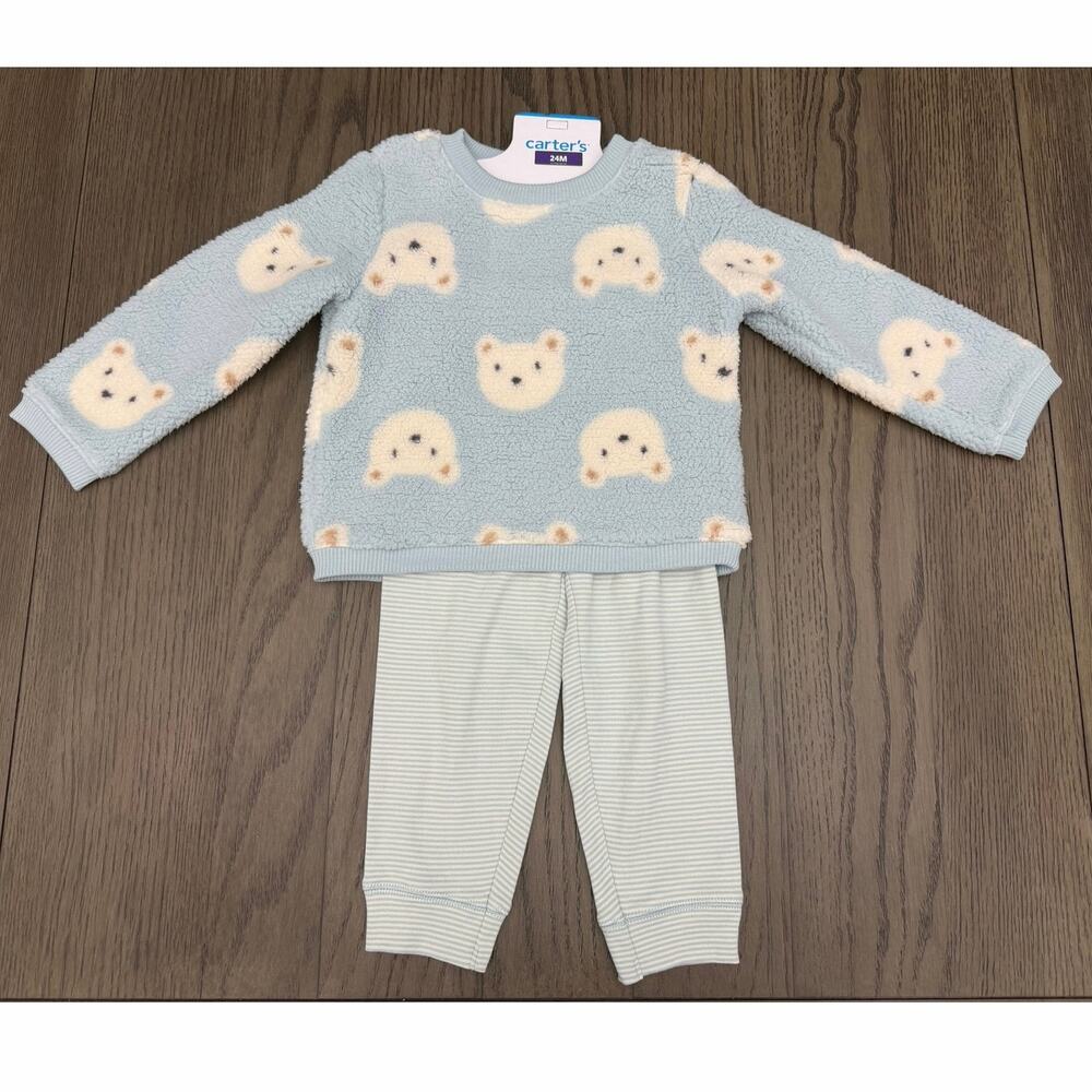 Carter’s 2pc Cozy Set 24M NWT Blue Bear Fleece Top with Stripe Pants